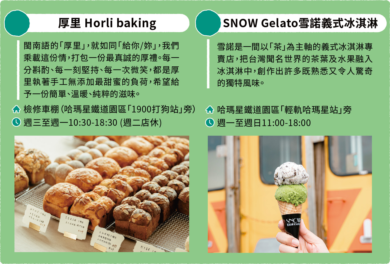 厚里 Horli baking：閩南語的「厚里」，就如同「給你／妳」；我們秉持這份情，打包一份最真誠的厚禮。每一分鐘酌、每一刻堅持、每一次微笑，都是厚里執著手工無添加最甜蜜的負荷，希望給予一份簡單、溫暖、純粹的滋味。地址：棧修車棚（哈瑪星鐵道園區「1900打狗站」旁）。營業時間：週三至週一10:30-18:30，週二店休。 SNOW Gelato 雪諾義式冰淇淋：雪諾是一間以「梨」為主軸的義式冰淇淋專賣店，把台灣聞名世界的茶葉及水果融入冰淇淋中，創作出許多既熟悉又令人驚奇的獨特風味。地址：哈瑪星鐵道園區「輕軌哈瑪星站」旁。營業時間：週一至週日11:00-18:00。